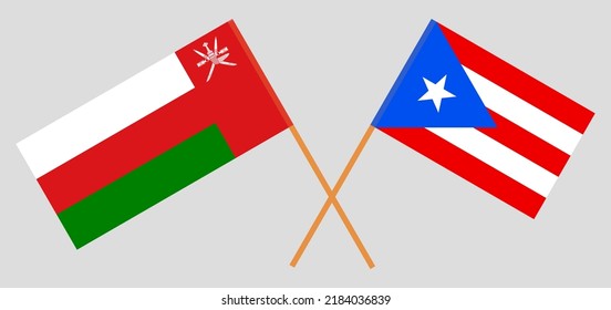 Crossed flags of Oman and Puerto Rico. Official colors. Correct proportion. Vector illustration
