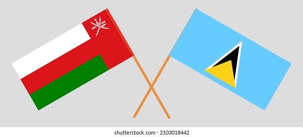 Crossed flags of Oman and Saint Lucia. Official colors. Correct proportion. Vector illustration
