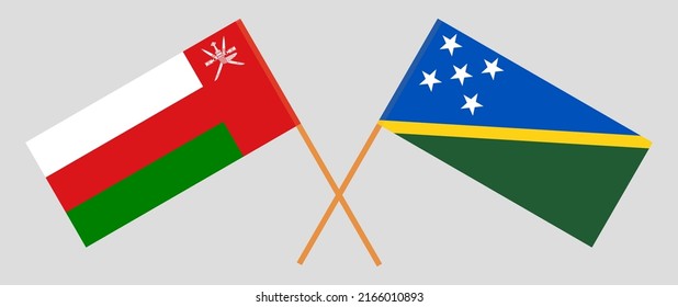 Crossed flags of Oman and Solomon Islands. Official colors. Correct proportion. Vector illustration
