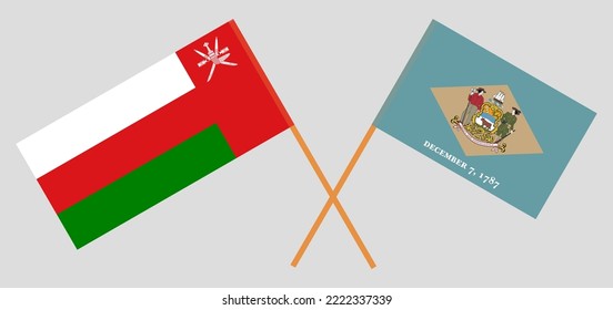 Crossed flags of Oman and The State of Delaware. Official colors. Correct proportion. Vector illustration
