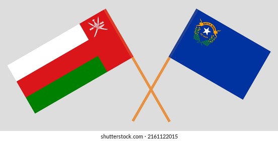 Überquerte Flaggen von Oman und dem Staat Nevada. Offizielle Farben. Richtiger Anteil. Vektorgrafik
