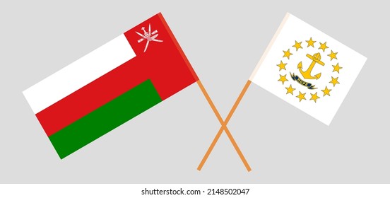 Crossed flags of Oman and the State of Rhode Island. Official colors. Correct proportion. Vector illustration
