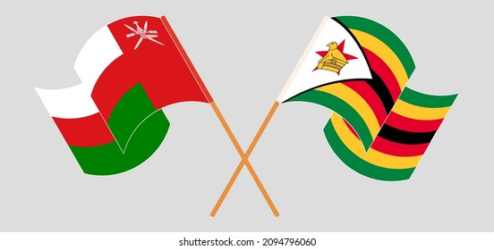 Crossed flags of Oman and Zimbabwe. Official colors. Correct proportion. Vector illustration
