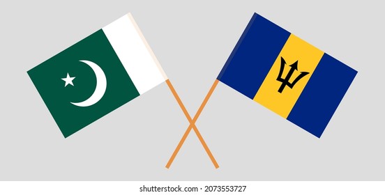 Crossed flags of Pakistan and Barbados. Official colors. Correct proportion. Vector illustration
