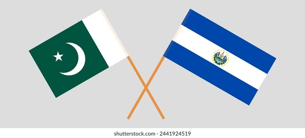 Crossed flags of Pakistan and El Salvador. Official colors. Correct proportion. Vector illustration
