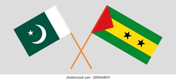 Crossed flags of Pakistan and Sao Tome and Principe. Official colors. Correct proportion