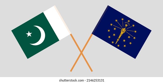 Crossed flags of Pakistan and the State of Indiana. Official colors. Correct proportion. Vector illustration
