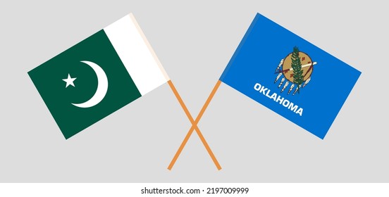 Banderas cruzadas de Pakistán y el estado de Oklahoma. Colores oficiales. Proporción correcta. Ilustración del vector
