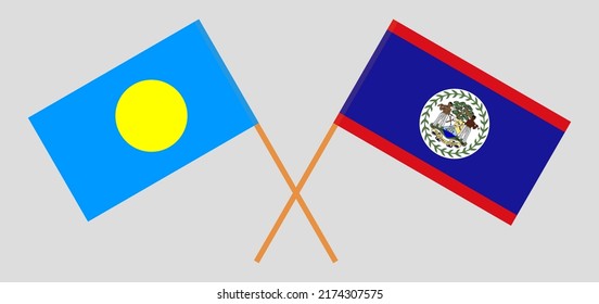 Crossed flags of Palau and Belize. Official colors. Correct proportion. Vector illustration
