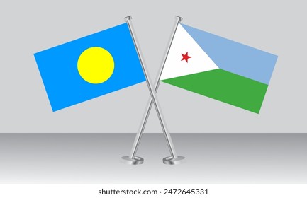Crossed flags of Palau and Djibouti. Official colors. Correct proportion. Banner design