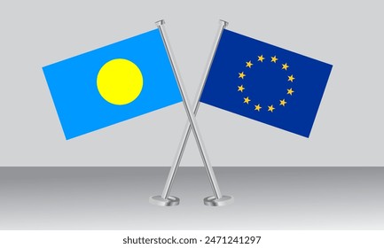 Crossed flags of Palau and European Union (EU). Official colors. Correct proportion. Banner design