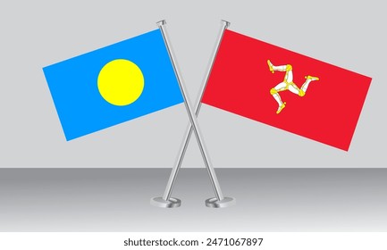 Crossed flags of Palau and isle of man. Official colors. Correct proportion. Banner design