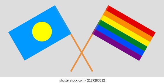 Crossed flags of Palau and LGBTQ. Official colors. Correct proportion. Vector illustration