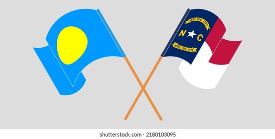 Crossed flags of Palau and The State of North Carolina. Official colors. Correct proportion. Vector illustration
