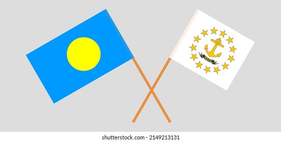 Crossed flags of Palau and the State of Rhode Island. Official colors. Correct proportion. Vector illustration
