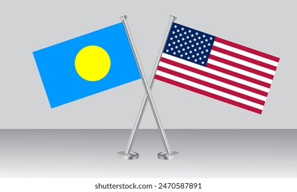 Crossed flags of Palau and United States of America (USA). Official colors. Correct proportion. Banner design