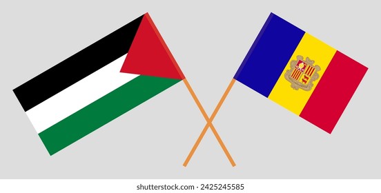 Crossed flags of Palestine and Andorra. Official colors. Correct proportion. Vector illustration
