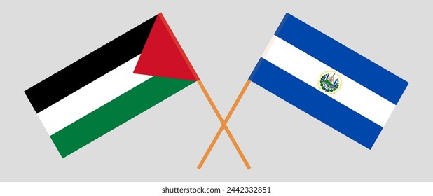 Crossed flags of Palestine and El Salvador. Official colors. Correct proportion. Vector illustration
