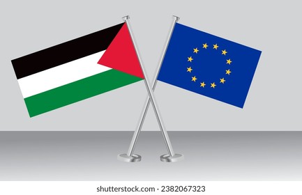 Crossed flags of Palestine and European Union (EU). Official colors. Correct proportion. Banner design