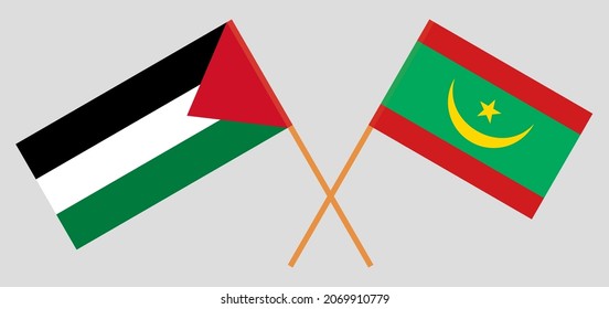 Crossed flags of Palestine and Mauritania. Official colors. Correct proportion