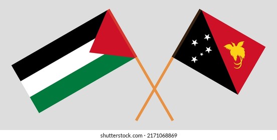 Crossed flags of Palestine and Papua New Guinea. Official colors. Correct proportion. Vector illustration

