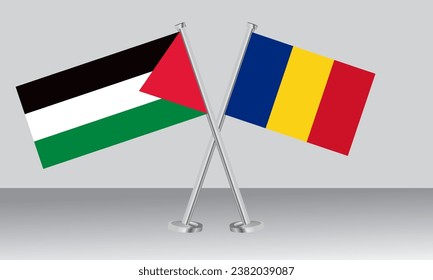 Crossed flags of Palestine and Romania. Official colors. Correct proportion. Banner design