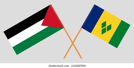 Crossed flags of Palestine and Saint Vincent and the Grenadines. Official colors. Correct proportion. Vector illustration
