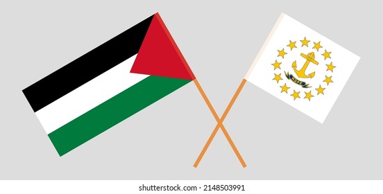 Banderas cruzadas de Palestina y el Estado de la isla Rhode. Colores oficiales. Proporción correcta. Ilustración del vector
