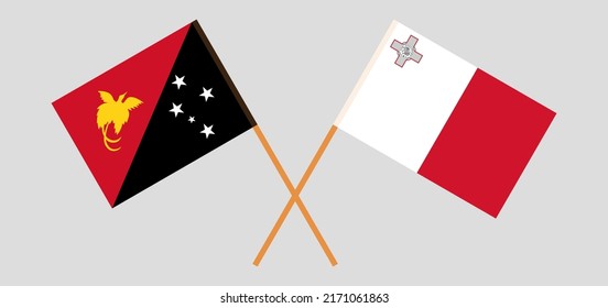 Crossed flags of Papua New Guinea and Malta. Official colors. Correct proportion. Vector illustration
