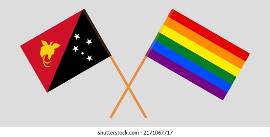 Crossed flags of Papua New Guinea and LGBTQ. Official colors. Correct proportion. Vector illustration
