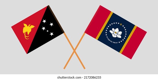 Crossed flags of Papua New Guinea and The State of Mississippi. Official colors. Correct proportion. Vector illustration
