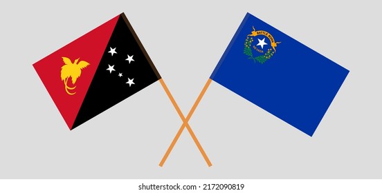 Crossed flags of Papua New Guinea and The State of Nevada. Official colors. Correct proportion. Vector illustration