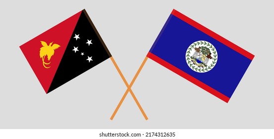 Crossed flags of Papua New Guinea and Belize. Official colors. Correct proportion. Vector illustration