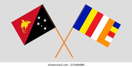 Banderas cruzadas de Papúa Nueva Guinea y Budismo. Colores oficiales. Proporción correcta. Ilustración del vector
