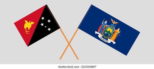 Crossed flags of Papua New Guinea and The State of New York. Official colors. Correct proportion. Vector illustration
