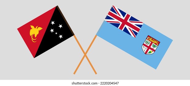 Banderas cruzadas de Papúa Nueva Guinea y Fiyi. Colores oficiales. Proporción correcta. Ilustración del vector
