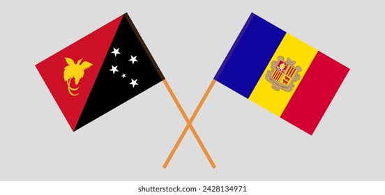 Crossed flags of Papua New Guinea and Andorra. Official colors. Correct proportion. Vector illustration
