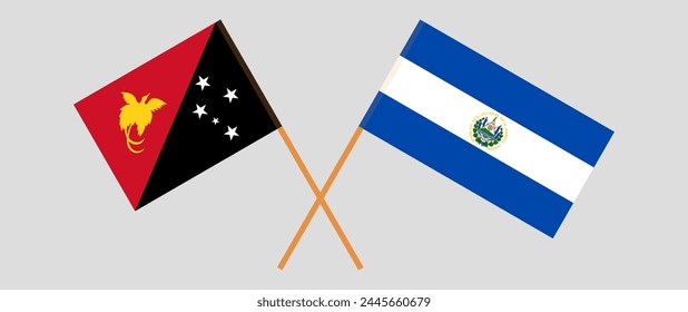 Crossed flags of Papua New Guinea and El Salvador. Official colors. Correct proportion. Vector illustration
