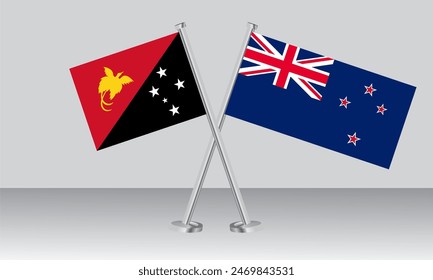 Crossed flags of Papua New Guinea and New Zealand. Official colors. Correct proportion. Banner design