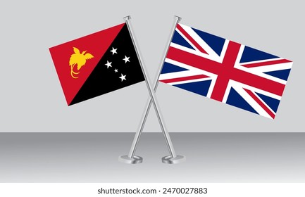 Crossed flags of Papua New Guinea and United Kingdom (UK). Official colors. Correct proportion. Banner design
