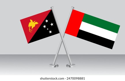 Crossed flags of Papua New Guinea and United Arab Emirates (UAE). Official colors. Correct proportion. Banner design