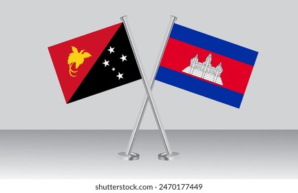 Crossed flags of Papua New Guinea and Cambodia. Official colors. Correct proportion. Banner design
