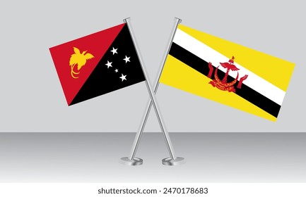 Crossed flags of Papua New Guinea and Brunei. Official colors. Correct proportion. Banner design