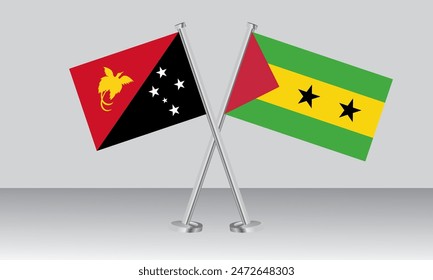 Crossed flags of Papua New Guinea and Sao Tome Principe. Official colors. Correct proportion. Banner design