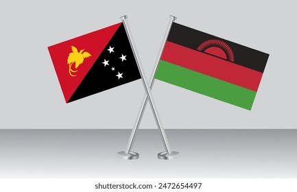 Crossed flags of Papua New Guinea and Malawi. Official colors. Correct proportion. Banner design