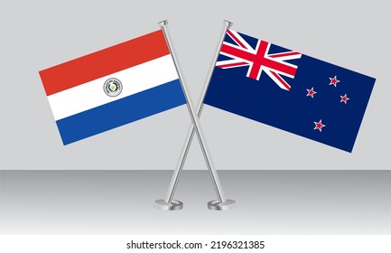 Crossed flags of Paraguay and New Zealand. Official colors. Correct proportion. Banner design