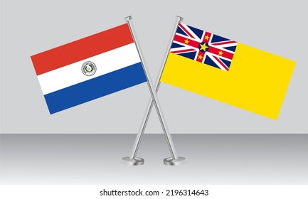 Banderas cruzadas de Paraguay y Niue. Colores oficiales. Proporción correcta. Diseño de pancartas