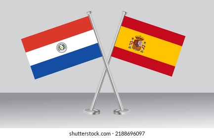 Crossed flags of Paraguay and Spain. Official colors. Correct proportion. Banner design