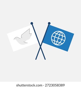 Bandeiras cruzadas com pomba da paz e emblema do globo, tema de unidade internacional, cooperação e harmonia, moderno vetor ilustração fundo