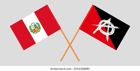 Crossed flags of Peru and anarchy. Official colors. Correct proportion. Vector illustration
